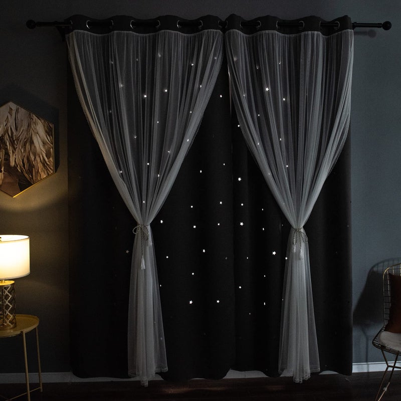 Kinryb Grey Star Curtains for Bedroom Star Hollow Out Blackout Curtains for Kids Room Decor Double Layer Cut Out Window 2 Panel with Tiebacks 52W x 84L Grey - Image 4